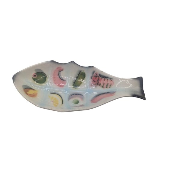 Hand-Painted Ceramic Fish-Shaped Divided Serving Dish With Vibrant Food Motifs - Picture 8 of 10